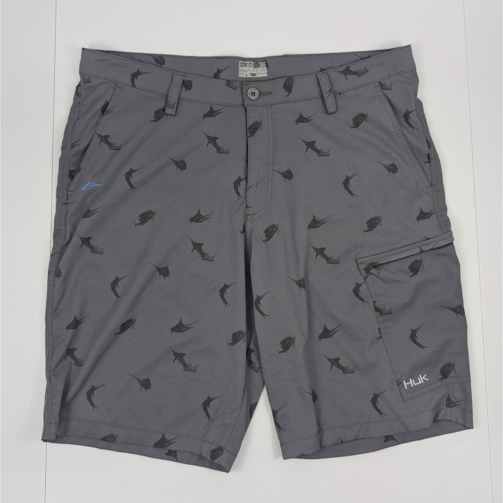 Huk KC Scott Next Level Performance Fishing Shorts Mens 36 Gray Marlin‎ Print